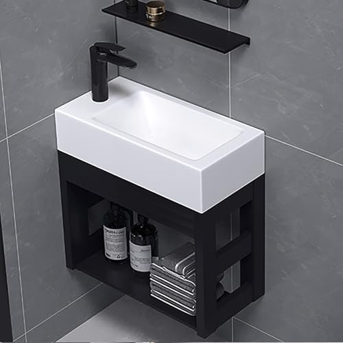 Lavabo En Céramique Mural,Meuble Lave Main Angle,Lave Main D Angle Wc Avec Meubl,Lave Main Wc Avec Meuble,Lavabo Petit,Rectangulaire,Lavabo Suspendu À Fixer Au Mur(Black,17.7in/45cm-R)