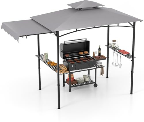 SPOTRAVEL BBQ Gazebo, 2.5 x 1.5m/3.2 x 1.5m/4.2 x 1.2m Double Tiered Grill Shelter with 2 Side Shelves, Outdoor UV Resistant Grill Patio Canopy (Grey, with Extra Awnings)