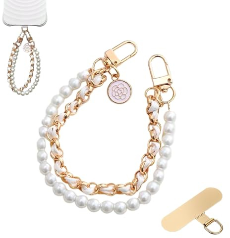 KEESOO Luxury Pearl Leather Phone Lanyard, Korean Designer Double Chain Wrist Strap with Stainless Steel Spacer, 10.24 Inch, White