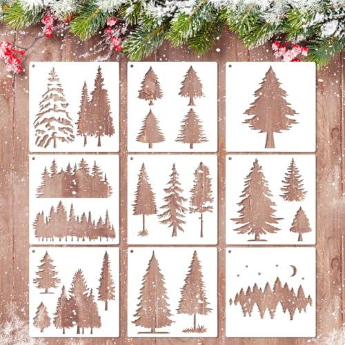 MWOOT 9 Stück Kiefer Schablonen, Kiefernschablonen, Wiederverwendbare Malvorlagen Kits, Xmas Tree Stencils, Geeignet zum Bemalen, Leinwand, Möbeln und Handwerksprojekten (15x15 CM)