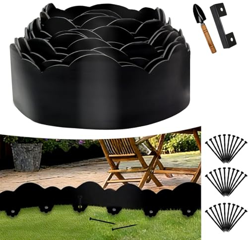 Bordure de Jardin Flexible 10m, Hauteur 10cm, avec 30 Piquets, 1 connecteur et 1 Petite Pelle, pour pelouse, Parterre Jardin. (Noir ondulé, 10cmx10m)