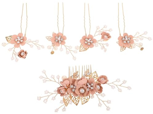 Alipis 5pièces Épingles à Cheveux Mariage Lot Perles Et Fleurs Dorées Ornements De Tête Pour Mariée Demoiselles Honneur Petite Fille