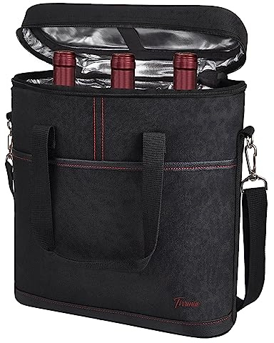 Tirrinia Insulated Wine Gift carrier - 3 Bottle Travel Padded Wine Carry Cooler Tote Bag with Handle and Adjustable Shoulder Strap, Black