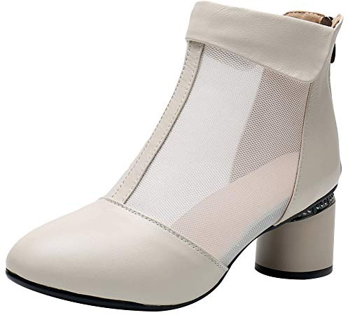 Jamron Mujer Elegante Talón de Bloque Botines Respirable Malla Verano Pumps Botas Beige SN02664 EU39.5