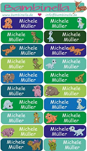 NEU: Bambinella® Namensticker personalisiert - 3 Blatt à 20 Stück = 60 Klebe-Etiketten -Dinos