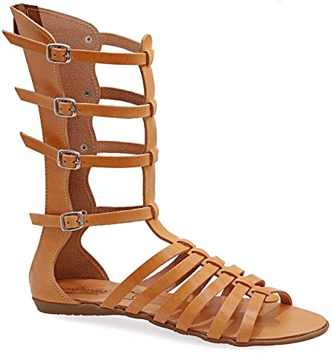 Size 5 Beige Emmanuela Ancient Greek Style Handmade Leather Gladiator Sandals, Quality Calf High Sandals with Rear Zipper at Shaft, Strappy Summer Flat Shoes for Women