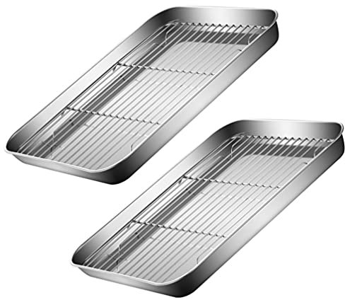 Cabilock 2 Juegos de Láminas de Acero Inoxidable para Hornear con Bandeja de Media Hoja para Galletas con Rejilla de Refrigeración para Hornear 26X20x2. 5Cm de Plata