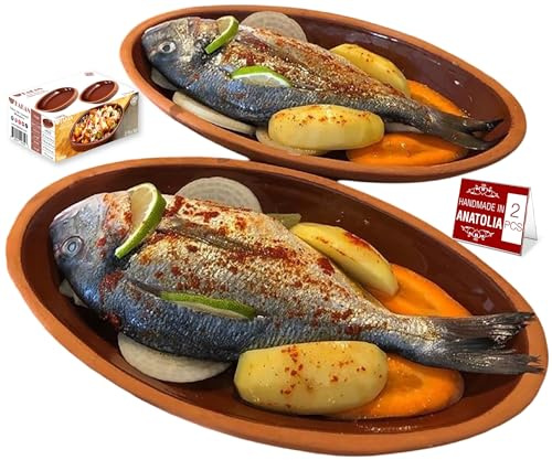 Hakan Bergama Handmade Oval Clay Pan Set of 2 | Terracotta Pans Glazed Inside | Casserole Dishes for Oven Baking | Traditional Earthenware Clay in Box, Large, 6.2 x 11.6 x 1.5-inch 25.3 Oz (750 cc)