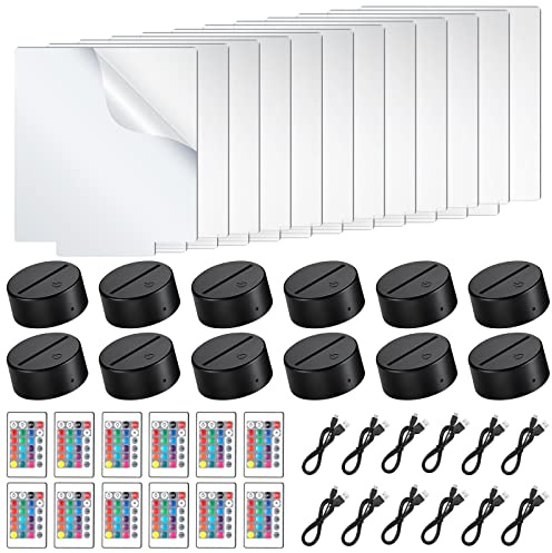 Riakrum 48 Pcs/12 Sets Acrylic Night Lights Clear Acrylic Sheets and 3D Night LED Light Lamp Base with Remote Control USB Cable, DIY LED Lamp Set for Restaurant Bar Cafe Room Decor(Rectangular)