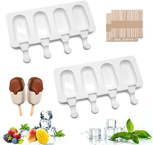 Eisformen Eis am Stiel, Eisformen Silikon, 2 Stück 8 Zellen Eisform Popsicle Formen, Popsicle Molds Set, Wiederverwendbar DIY Eisform mit 100 Holzstielen für Einfrieren Obst oder Joghurt Stieleis
