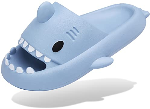 Shark Slippers, dam, herr, pool och strand, halkfria badsandaler, öppen tå, hajtofflor, toffel, Färg: blå, 43/44 EU