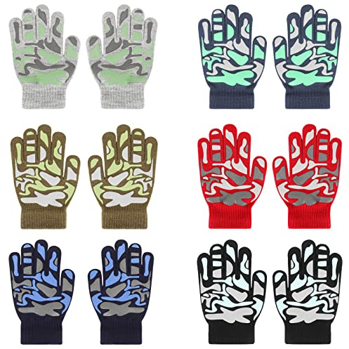 QKURT 6 Pairs Kids Magic Gloves, Winter Thermal Knitted Gloves Full Finger Stretch Gloves Toddler Mittens for Boys and Girls 5-10 Years Old