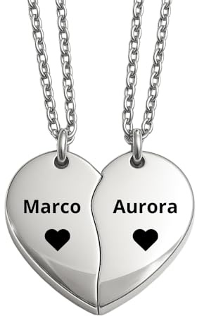 amorili Collana Coppia Cuore che si Spezza Personalizzata in Acciaio Inox | Collane per Fidanzati Amore a Distanza | Cuore Diviso Personalizzabile Nome Data Incisione cll0972c
