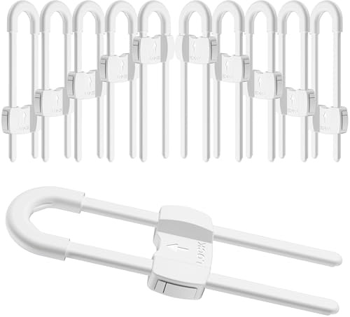 (10 Pack White) 4 Button Cabinet Locks, U-Shaped Proofing Drawers Safety Child Locks Adjustable, for Wardrobe,Kitchen,Bathroom,Drawer,Fridge,Cupboard Doors Knobs & Handles