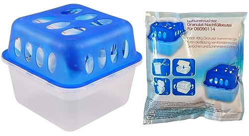 Buri 1 boîte de granulés déshumidificateur avec sacs de recharge de 400 g – Absorbeur d'humidité ambiante avec bol Auffangen – Bouchon hydratant pour séchoir à air ambiant, réutilisable, rechargeable