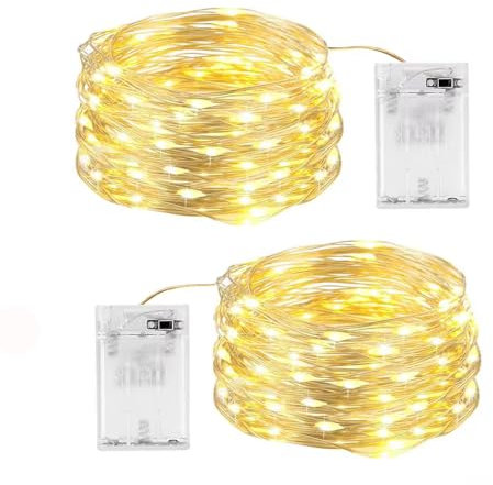 SHUBEIEUMI 2 Pezzi Stringa Luci LED a Batteria, 100 LED 10M Lampada a Fili di Rame Bianco Caldo, per Interni e Esterni, Feste, Giardino, Natale Decorative, Matrimoni (Bianco Caldo)
