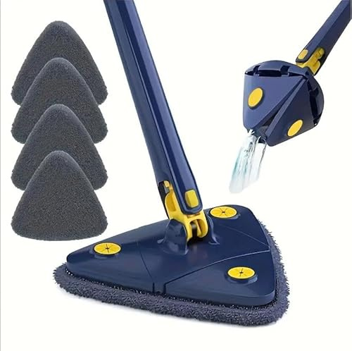 Mocio triangolare rotante a 360° con 4 panni di ricambio, mocio a mani libere, mocio per pulizia bagnato e asciutto, doppio uso, per pavimento, parete, soffitto, angolo vetro, strumento di pulizia