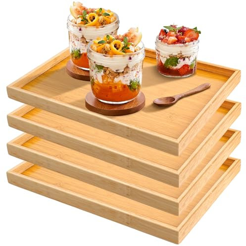 GBACHOOSE 4 Pack Bamboo Serving Tray, 37x26x2.5cm Rectangular Bamboos Food Trays, Portable Bamboo Trays for Food Serving Dining Snack Fruit