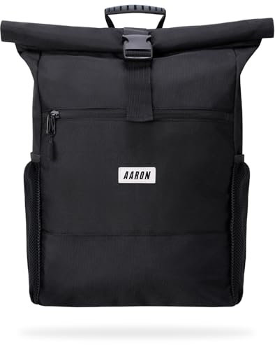 AARON Rucksack Damen und Herren, mit Laptopfach, inkl. AirTag Halter, Daypacks, Rollrucksack aus recycletem PET für UNI, Reisen, Alltag, Rolltop Backpack in Schwarz