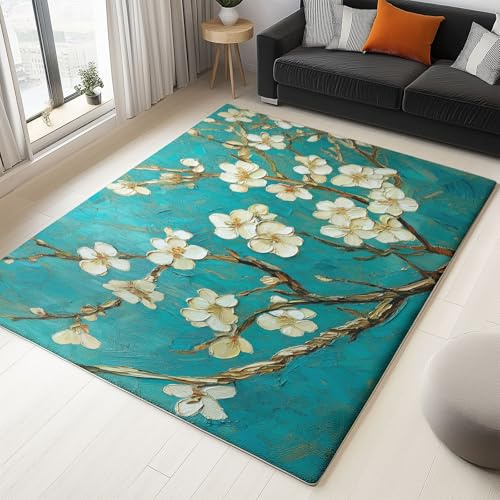 Türkis Waschbarer Wohnzimmer Teppich 80 x 150 cm, Ölgemälde Aprikosenblüten Bedruckter Teppich für Kinderzimmer Schlafzimmer Esszimmer - Weich Kurzflor rutschfest Küchenteppich
