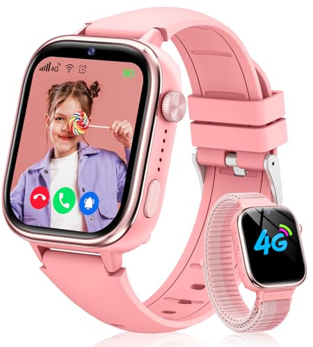 Sanorum 4G Montre Connectée Enfant, Étanche IP68 Smartwatch Téléphone Enfant avec GPS, Appel, Fonction SOS, Appel Vidéo, Mode Classe, Podomètre, Appareil Photo, Réveil pour Filles et Garçons Rose