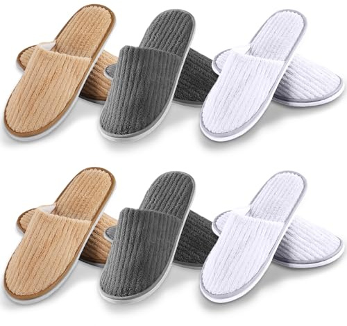 6 pares de pantuflas de invitados para hotel, tamaño universal, 28,5 x 11,5 cm, zapatillas de rizo desechables con cerrado, lavables, antideslizantes, para viajes, hogar, hotel, invitados, Borwn