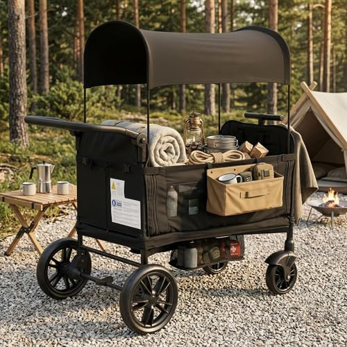 TIZZ Bollerwagen faltbar für 2 Kinder, schwarz, 8-Fach Verstellbarer gepolsterter Griff, Sonnendach & Tablett, 5-Punkt-Sicherheitsgurt, kompakt klappbar