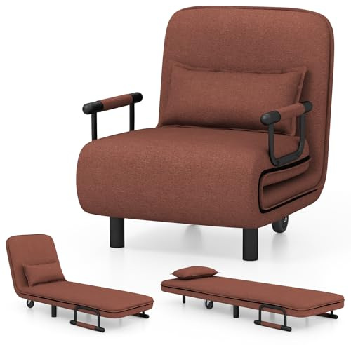 COSTWAY Single Folding Sofa Bed Chair Modern Fabric Sleep Function Holder W/Pillow & Wheel For Home Bedroom Living Room Office Indoor (Coffee)