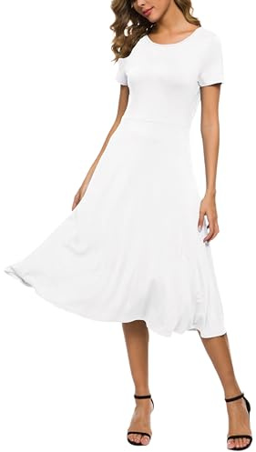 EXCHIC Damen Casual Rundhals A-Linie Kurzarm Midi Kleid Sommer Stretchy Knie Langes Freizeitkleider(M, Weiß)