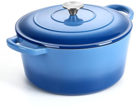 P&P CHEF Forno olandese smaltato 6QT, pentola da forno olandese in ghisa con coperchio per la cottura del pane, casseruola smaltata per arrostire, stufare, friggere, stufe e facile da pulire, blu