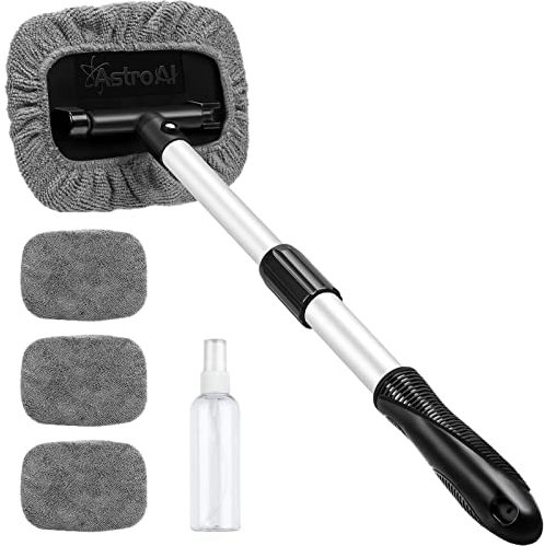 AstroAI Scheibenreiniger auto, Autoscheiben Innenreiniger für Windschutzscheibe mit ausziehbarem Griff und 3 Mikrofaserpads, Grau