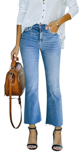 Yewfirm Crop Flare Jeans for Women Mid Rise Stretchy Kick Flare Cropped Jeans Capri Pants with Raw Hem,LightBlue,US8