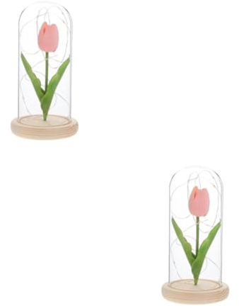 MAGICLULU 2pcs Glowing LED Tulip Glass Cover Warm Light Romantic Home Desktop Decor Artificial Flowers