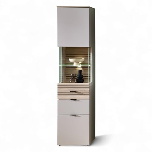 Stella Trading INA Vetrina in cashmere, effetto rovere Riva certificata FSC, moderna vetrina con illuminazione a LED e molto spazio di archiviazione, 45 x 200 x 36 cm (larghezza x altezza x profondità