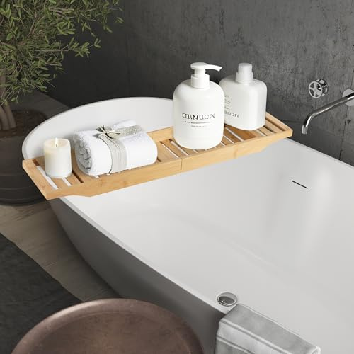 Vencier Foldable Bamboo Bath Tub Rack – Adjustable Bathroom Shelf, Tidy Tray & Storage Caddy Organiser for Relaxing Spa Bath (Natural)