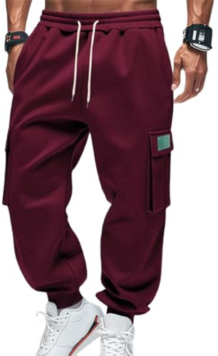 OLIPHEE Pantaloni Cargo Uomo con Tasche e Coulisse Elastico in Vita Casual Pantaloni Pile Uomo Invernali Sportiva Jogging Fitness Tuta Ginnastica Outdoor Sweatpants Men Autunno Vino L