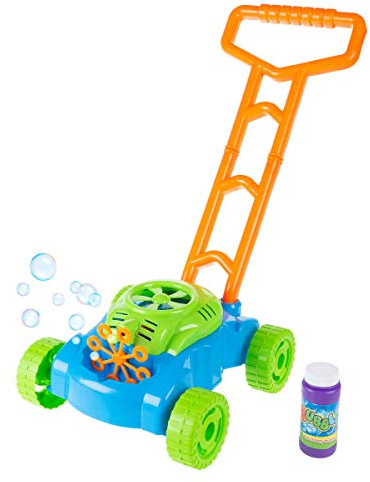 Bubble Lawn Mower - Outside Push Lawnmower Bubble Blower Machine for Toddlers - Walk Behind Outdoor Activity for Kids by Hey Play (Blue)