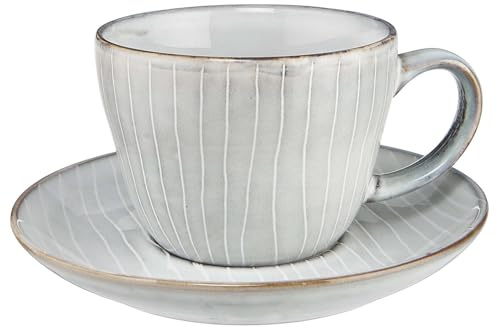 BUTLERS Kaffeetasse mit Untertasse Steinzeug - HENLEY - | Farbe Grau - 270 ml - Cappuccinotassen für Kaffeepausen - Teetassen für Heißgetränke - mit Linienstruktur