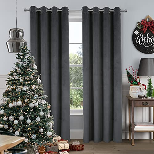 always4u 100% Vorhang Blickdicht Samt, Gardinen Wohnzimmer Modern, Verdunkelung Schallschutz Sonnenschutz, für Balkontür Kinderzimmer, Grau Anthrazit 245x140cm 2er-Set