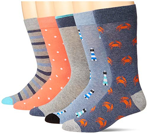 Amazon Essentials Calcetines de vestir cómodos para hombre, 5 pares, azul/gris/cangrejo azul marino/puntos naranjas/rayas, talla 8-12