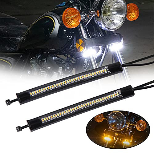 JMTBNO 2 pezzi Frecce Moto Indicatori di Direzione per Moto Luce per Forcella a LED Striscia Flessibili Bianco e Ambra Anteriori DRL Luce di Marcia Diurna Impermeabile Universale 12V