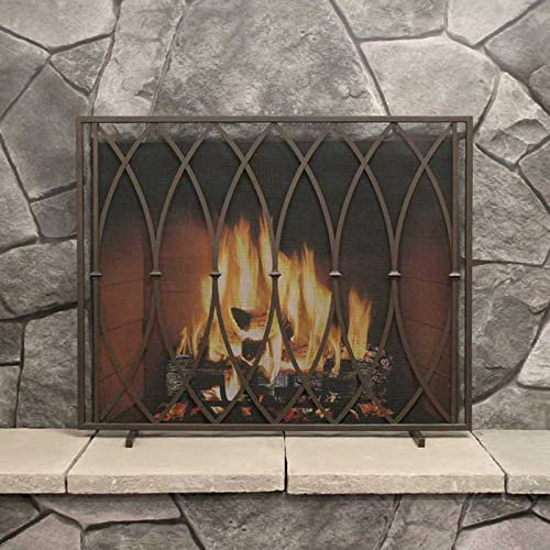 MMQGQ store Funkenschutz Single-Panel Kamin-Schirm Für Wohnzimmer Wohnkultur, Schmiedeeisen Feuer Funkenschutz Gitter, Antik Worn-Finish Kamin Screens, 39,9 × 31.8inch, Bogen-Design