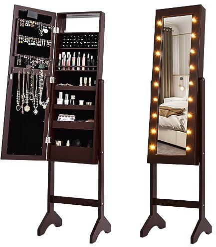 GOPLUS Armoire à Bijoux, Armoire a Bijoux avec Miroir sur Pied avec Lumières LED, Miroir Intégré, Organisateur de Bijoux Verrouillable avec Crochet de Collier, 4 Etagères (Marron)