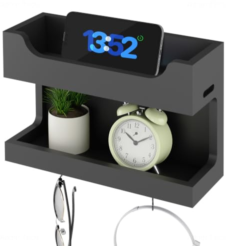 NiHome Bedside Shelf, Wooden Floating Wall Organiser, Magnetic Hooks, Black