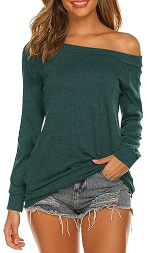 Rongseng T-Shirts à Manches Longues Femme Hauts Sexy à Épaules Dénudées Chemisier Col Bateau Blouse Pull Élégant et Décontracté Pullover Ample Chic Couleurs Unie Tunique Top Mode Streetwear