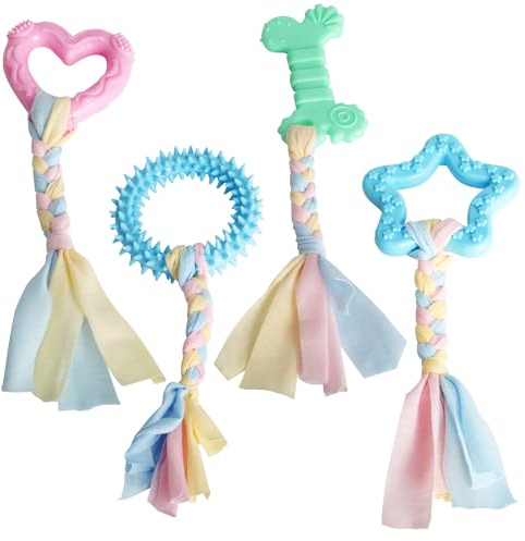 ktxaby 4Pièces Jouets à mâcher pour Chiots, Jouets en Caoutchouc pour Chiots avec Cordes colorées, Jouets interactifs durables pour Petits Chiots et Chiens de Taille Moyenne (Coloré)