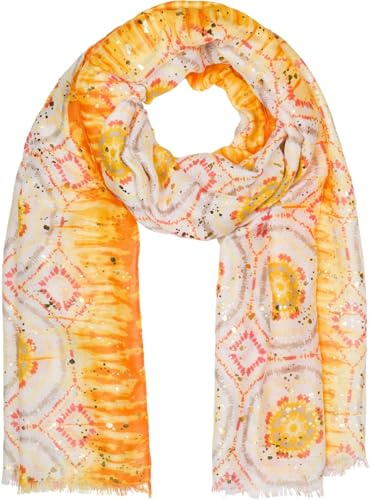 styleBREAKER Damen Schal Batik Muster mit Metallic Streifen, Leichtes Boho Style Tuch mit kurzen Fransen 01016230, Farbe:Gelb-Orange