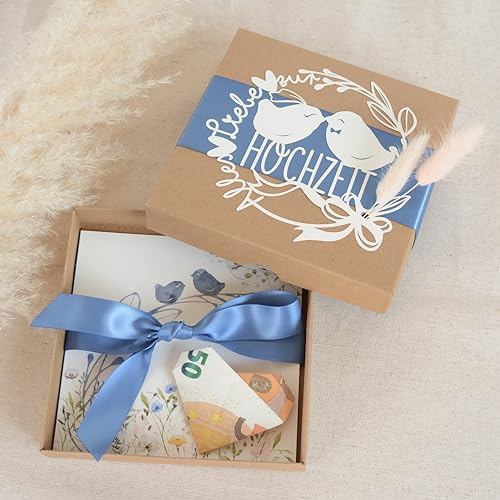 Geschenkverpackung zur Hochzeit – Feine Handarbeit, stilvoll und hochwertig – Geldgeschenk-Verpackung für das Brautpaar mit liebevollen Details – Handgefertigt mit Trockenblumen und Schleifen