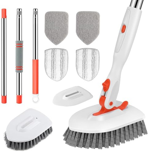 3 in 1 Tub Tile Scrubber Brush with 133cm Adjustable Long Handle,Bathroom Tile Cleaner Shower Scrubber Cleaning Brush with Locking Head,Floor Scrub Brush 3 Replacement Head for Bathroom Kitchen Toilet
