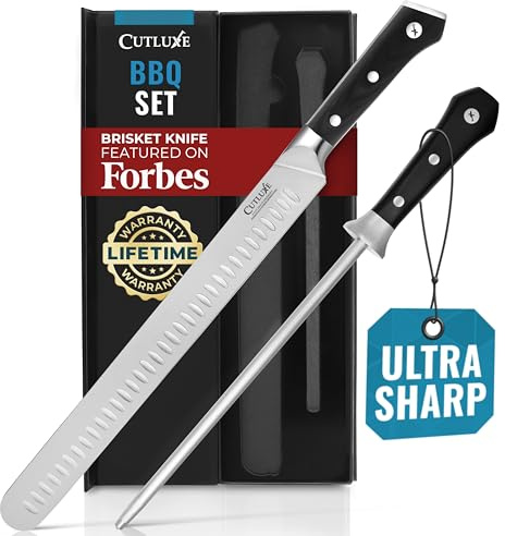 Cutluxe BBQ Knife Carving Set – 12 Brisket Knife & 10 Honing Rod, Butcher Knife Set for Meat Cutting – Ultra Sharp German Steel, Ergonomic Pakkawood Handles – Artisan Series